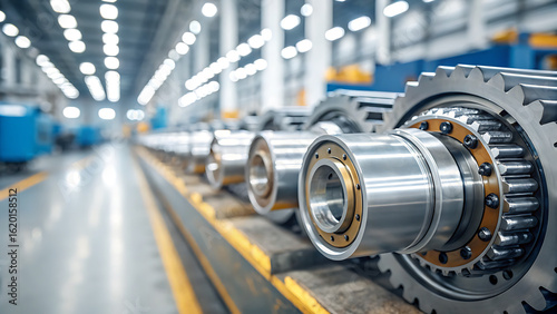 Close up view of industrial roller bearings arranged in a factory assembly line
