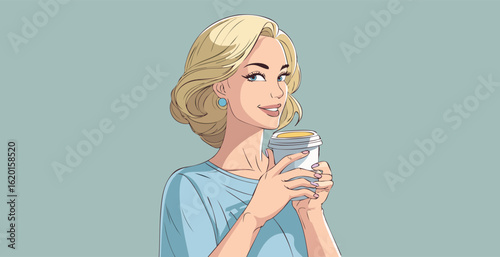 Hand drawn cute girl holding a coffee cup in her hand
