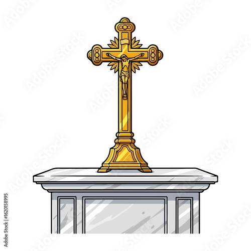 Cartoon of a golden Catholic cross, standing on a marble altar. Vector flat design cartoon. AI generated images.