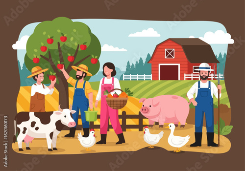 Flat illustration of farmers harvesting apples and tending to farm animals in a vibrant countryside setting