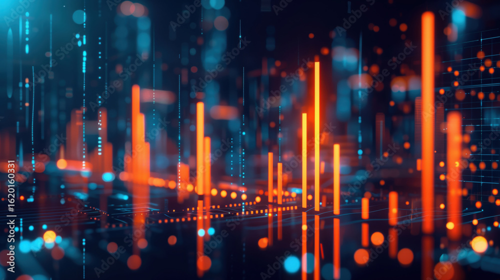 Obraz premium Abstract candlestick chart graphic with blurred city lights at night, depicting financial market trends and data visualization.