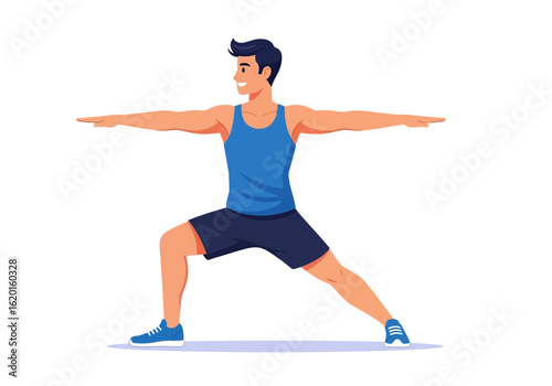 Flat illustration of man performing a yoga warrior pose, promoting fitness and healthy lifestyle