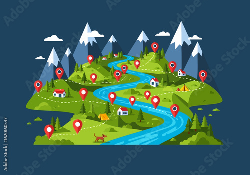 Flat illustration of scenic landscape map with a winding river, mountains, and navigation pins indicating destinations