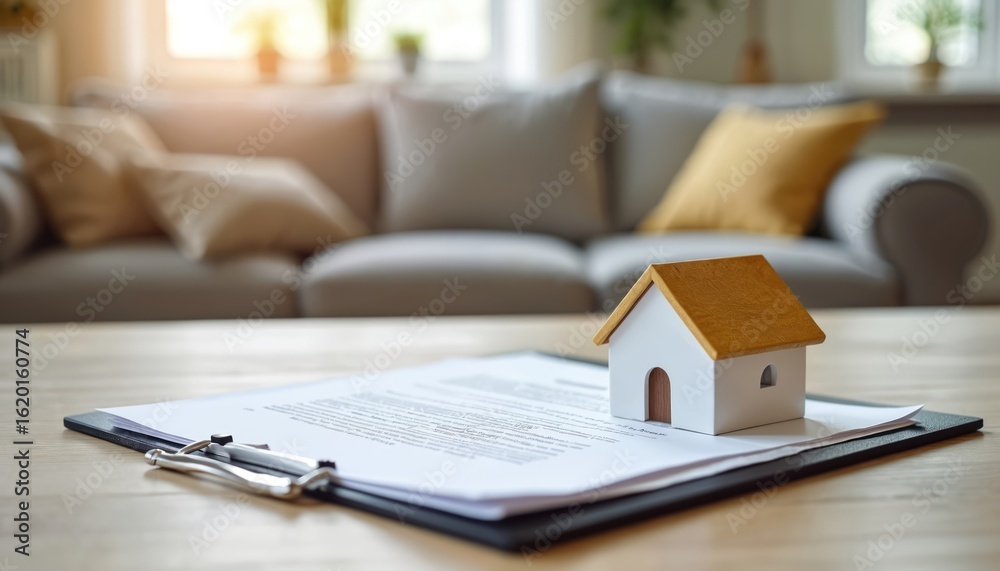 © Vadym - Miniature house on property title documents with clipboard on wooden table. Background shows blurred living room interior. Symbolizes home buying, real estate investment, legal agreements, contracts. © Vadym - Miniature house on property title documents with clipboard on wooden table. Background shows blurred living room interior. Symbolizes home buying, real estate investment, legal agreements, contracts.