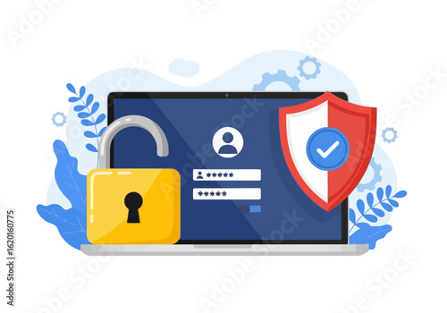 Flat illustration of laptop with login screen, unlocked padlock, and shield indicating security
