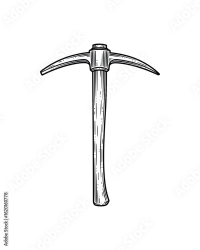 Pickaxe mining tool in line art style, detailed black engraving isolated on white background, Vector Illustration.