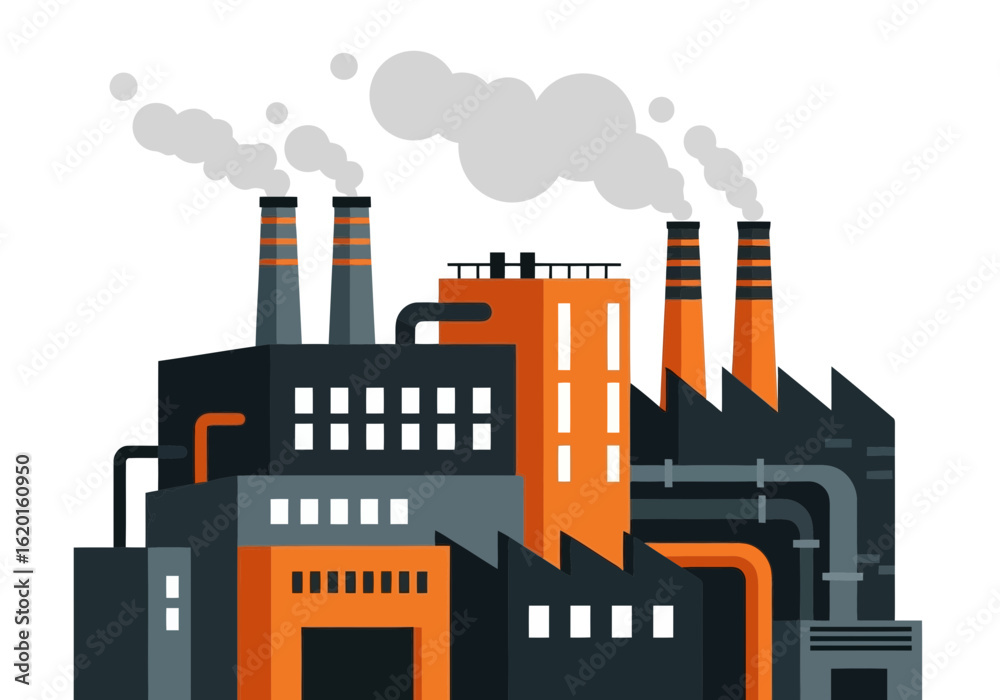 Obraz premium Flat illustration of industrial factory with smoke coming out of chimneys, representing industry and pollution