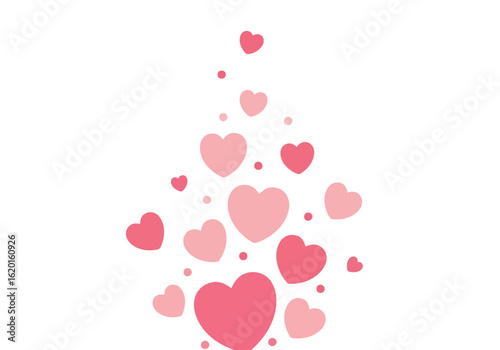 Flat illustration of collection of pink and red hearts scattered and floating, isolated on white background