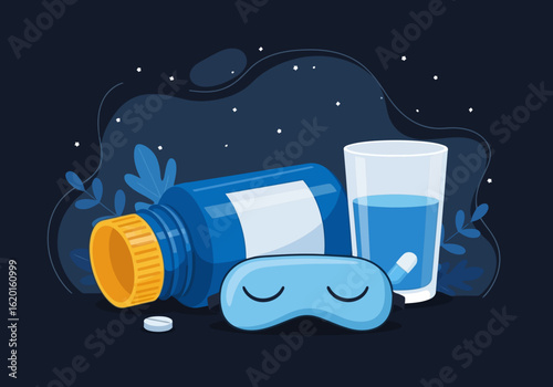 Flat illustration of bottle of sleeping pills, a glass of water, and an eye mask for restful sleep