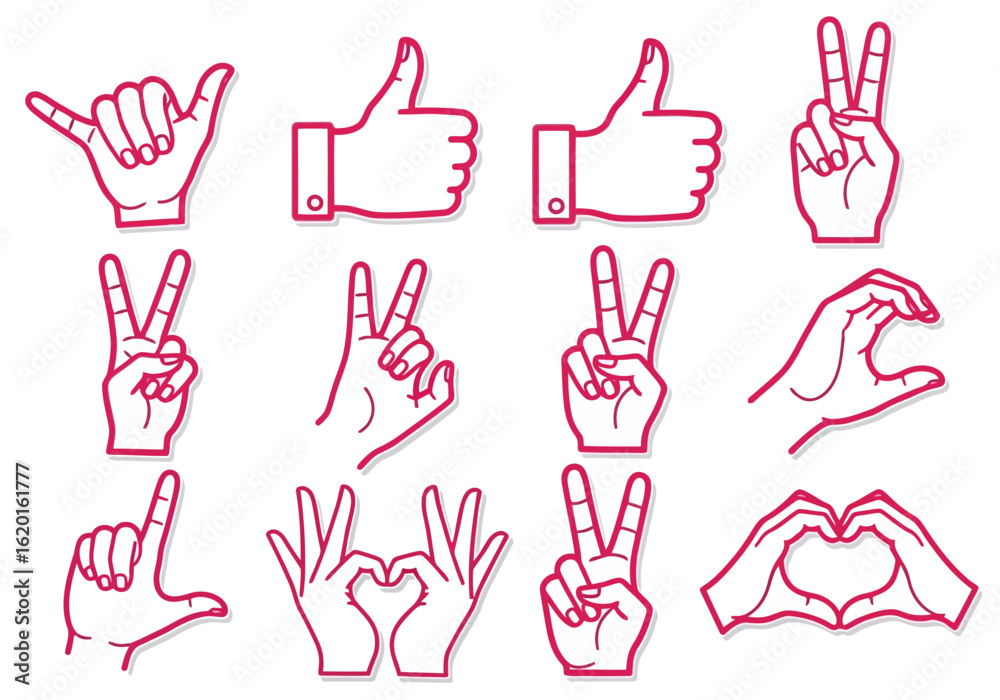 Fototapeta premium Flat illustration of collection of various hand gestures and symbols isolated on white background