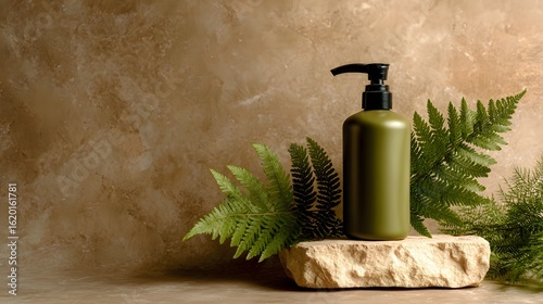 Olive green pump bottle placed on a beige stone surface surrounded by lush fern leaves showcasing a natural organic skincare or spa product in an earthy minimalist setting