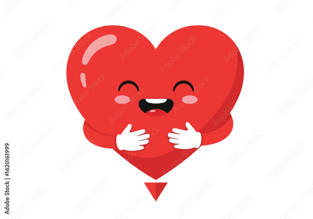 Flat illustration of a cute, happy red heart character with a joyful expression, isolated on white background Flat illustration of a cute, happy red heart character with a joyful expression, isolated on white background