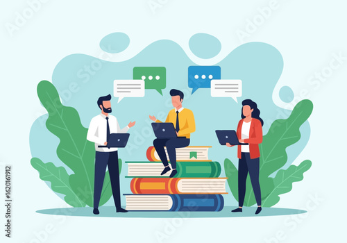 Flat illustration of team collaborating and learning together with laptops and books
