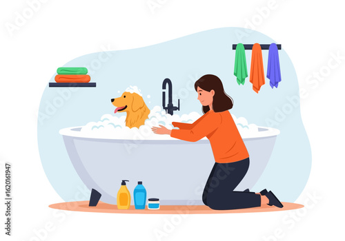 Flat illustration of woman bathing her happy dog in a bathtub with lots of foam and bubbles