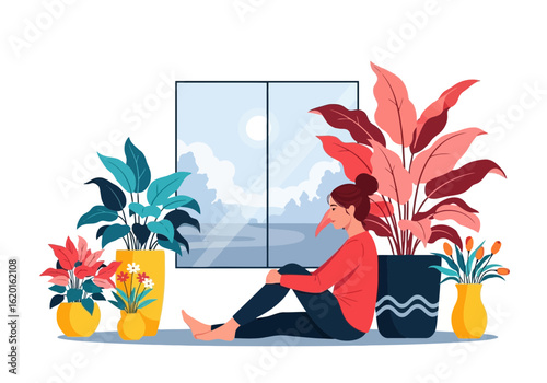 Flat illustration of woman sitting among houseplants near a window, isolated on white background