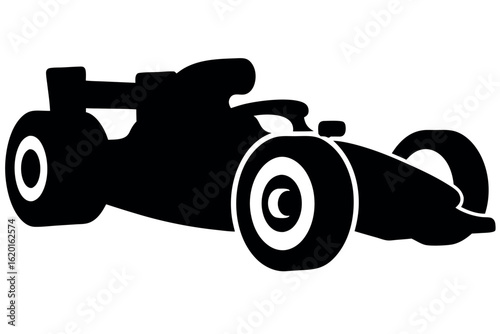 Solid black silhouette displays sleek race car design, showcasing modern vehicle engineering with transparent background