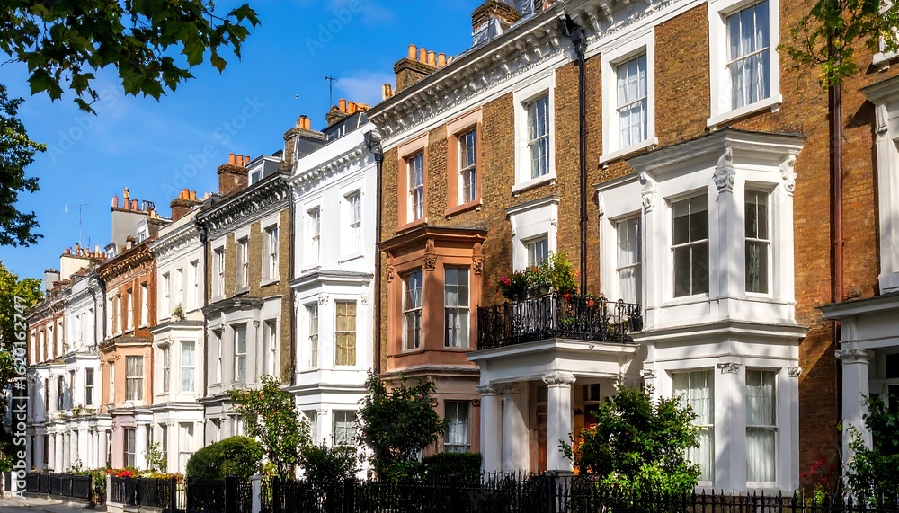 Obraz premium Charming London Street with Classic Terraced Houses on a Sunny Day