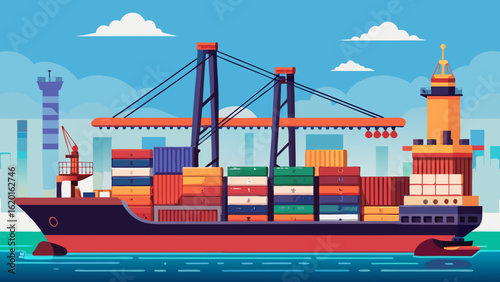 Vector art of massive container ship with cranes and lighthouse in a port, symbolizing international shipping and the movement of goods across the sea for global commerce