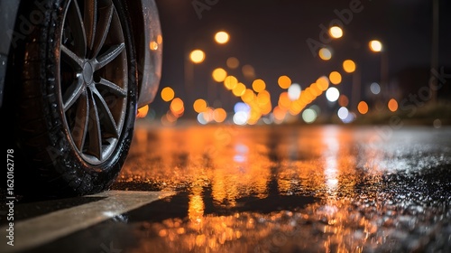 Close up view of a car tire on a wet asphalt road with reflections of orange streetlights creating a bokeh effect in the background capturing the atmosphere of a city street at night
