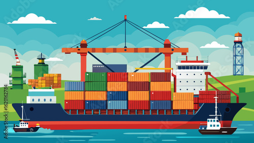 Vector art of a large cargo ship loaded with colorful containers is being loaded by a large crane at a busy port with industrial structures and a tugboat nearby