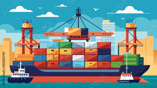 Vector art of a large cargo ship filled with colorful containers is being loaded by cranes at a busy port with city buildings and smaller boats in the background under a sunny sky