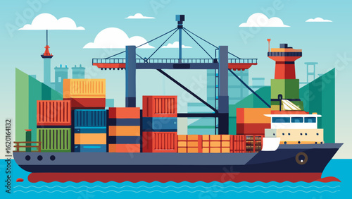 Vector art of container ship docked at a port, with a large gantry crane loading containers, illustrating international shipping and commerce