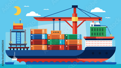 Vector art of container ship docked at a port, with a crane loading containers, symbolizing international commerce and freight transportation