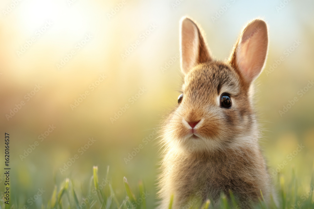 Fototapeta premium A close-up of a curious brown rabbit sitting in green grass with a soft, warm sunlight background.