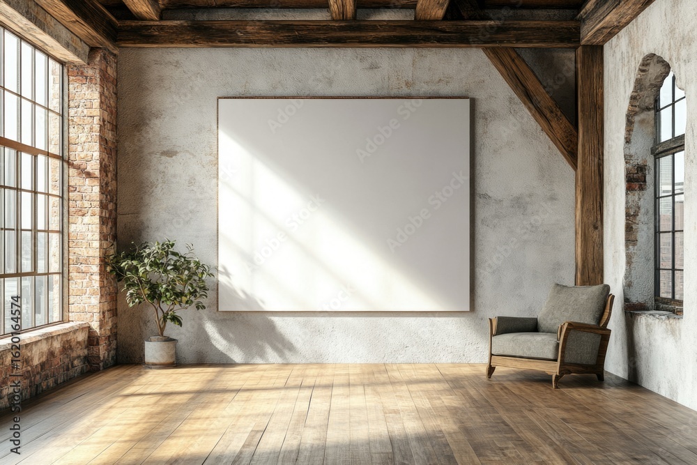 Fototapeta premium Modern interior space with large blank canvas
