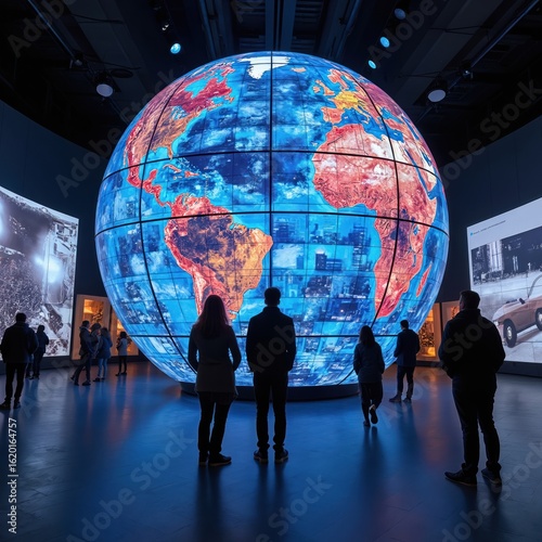 Giant illuminated digital globe installation in dark gallery space. Vibrant images, videos display continent data. Futuristic multimedia exhibition creates immersive atmosphere with modern technology.