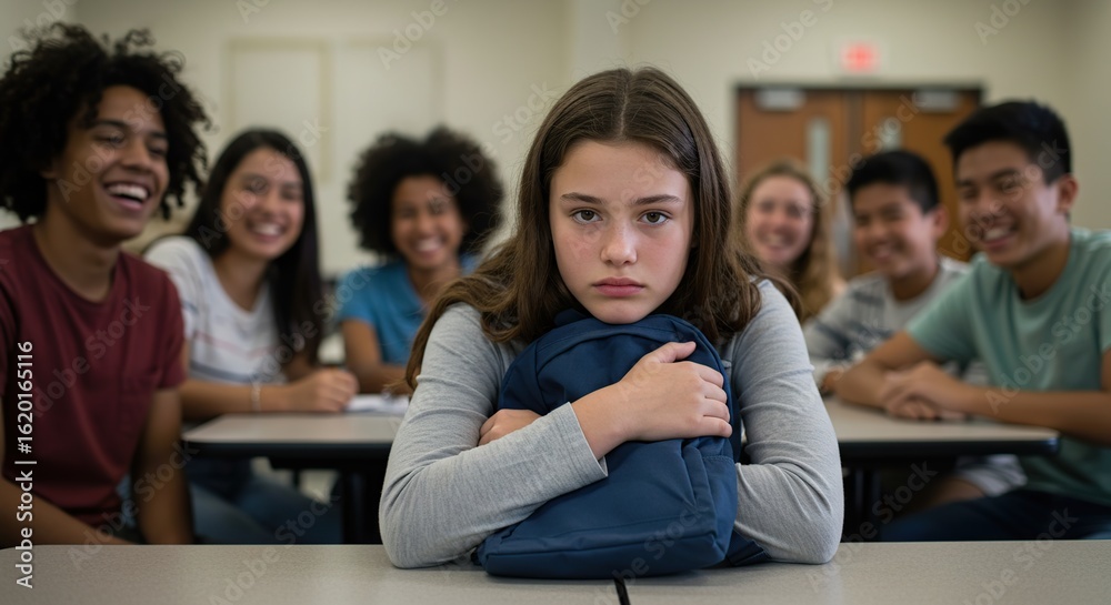 Obraz premium Sad Young Girl Holds Backpack Feeling Left Out By Laughing Peers In Classroom