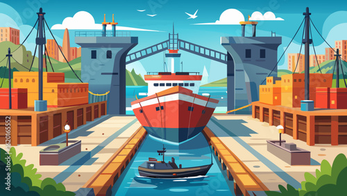 Vector art of a large cargo ship enters a canal lock system with industrial buildings and cranes on either side, under a bright blue sky