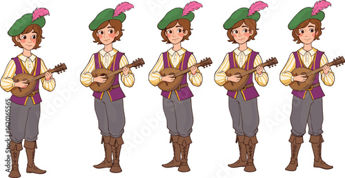 Cartoon medieval bard character playing lute, colorful costume, fantasy musician illustration, flat vector style, historical roleplay concept art