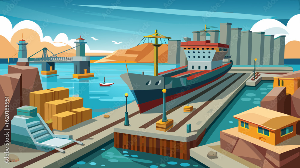 Fototapeta premium Vector art of a large cargo ship is positioned in a bustling port with various structures, showcasing the movement of goods and the importance of maritime transport
