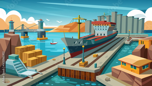Vector art of a large cargo ship is positioned in a bustling port with various structures, showcasing the movement of goods and the importance of maritime transport