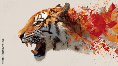 Striking tiger portrait merging realism and abstract digital fragmentation