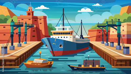 Vector art of large freighter ship and smaller boats in a busy port canal with industrial buildings and cranes under a blue sky with clouds
