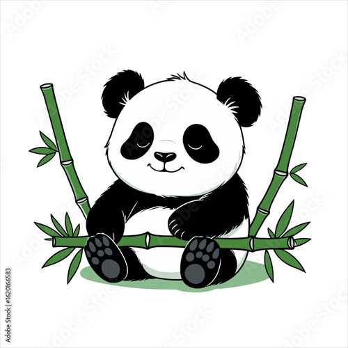 Cute baby panda bear cartoon illustration with bamboo in nature, a funny wild animal