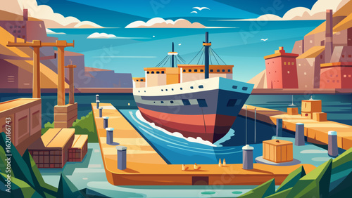 Vector art of a large cargo ship navigates through a narrow canal or waterway in a bustling port city with industrial buildings and cranes lining the waterfront