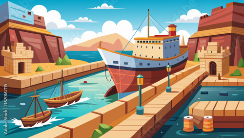 Vector art of a vintage cargo ship sails through a historic port canal, passing smaller boats and ancient buildings along the waterfront