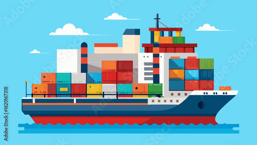 Vector art of a large cargo ship loaded with colorful containers sails across the blue ocean under a sky with white clouds, symbolizing global trade and logistics