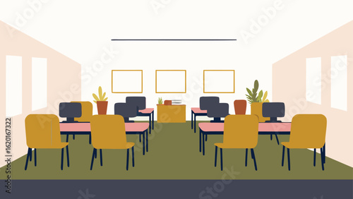 Illustration of a classroom with desks computers chairs plants and frames on the wall in a light room