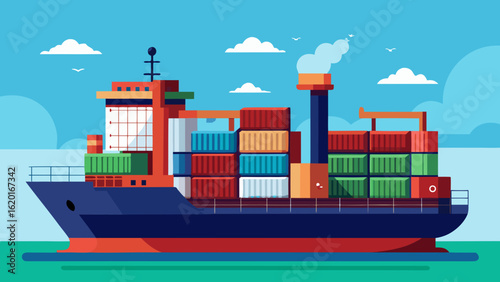 Vector art of a large cargo ship loaded with colorful containers sails across the blue ocean under a cloudy sky, symbolizing global trade and logistics