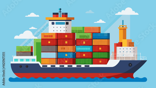 Vector art of a large cargo ship loaded with colorful containers sails across the blue ocean under a cloudy sky, symbolizing global trade and logistics