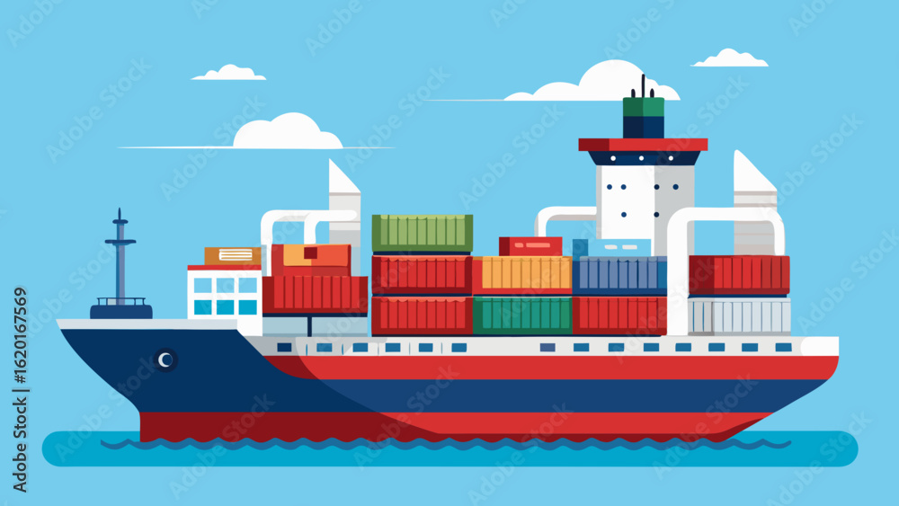 Obraz premium Vector art of a massive container ship navigates the sea, its deck stacked high with cargo, representing international shipping and the movement of goods worldwide