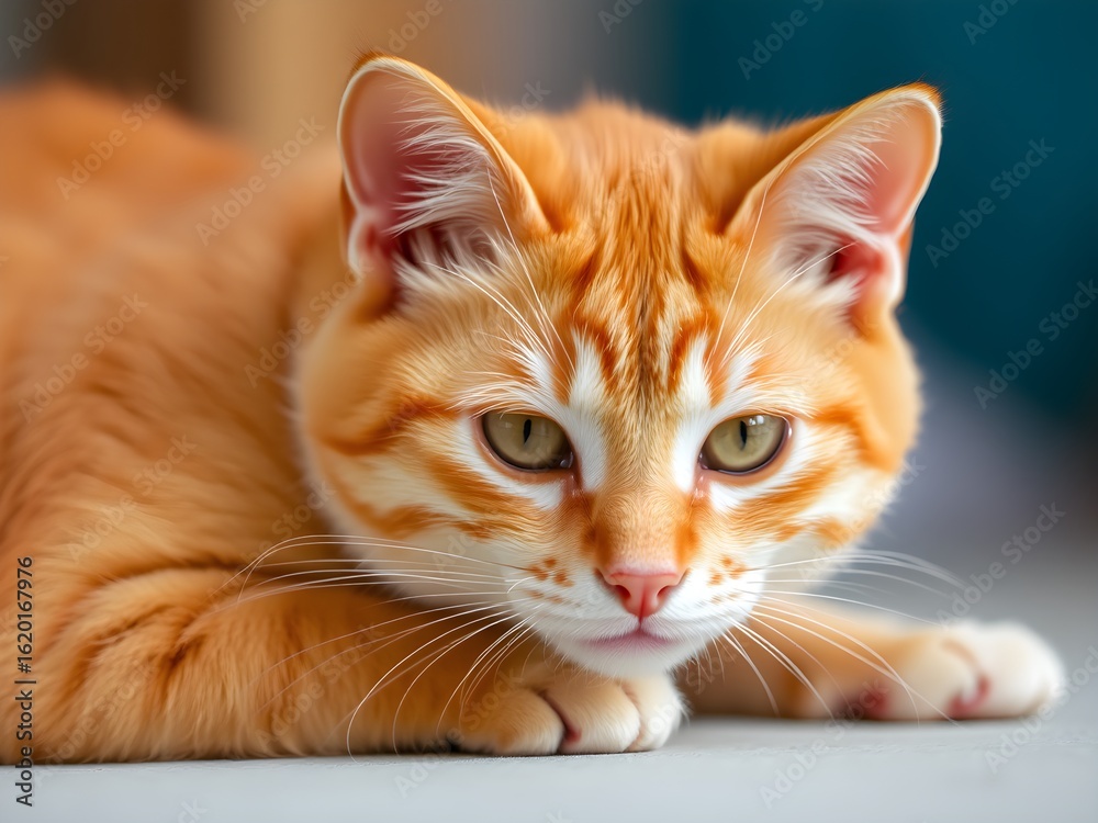 Fototapeta premium Adorable Orange Cat with Fluffy, Soft Fur – Sweet and Charming Feline Portrait (AI Generated)