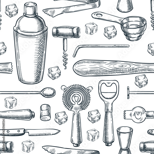 Seamless pattern with bar tools. Vector sketch shaker, jigger, corkscrew, strainer. Design for cocktail menu, packaging