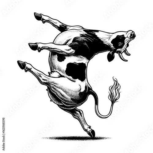 Dairy cow dancing sketch engraving black and white outline. Scratch board imitation.  illustrated in vintage line art style on a white background.