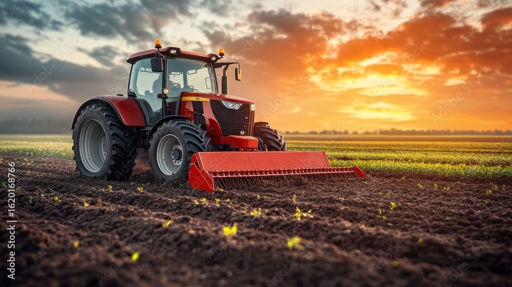 Fototapeta premium Red tractor tills field at sunset (1)