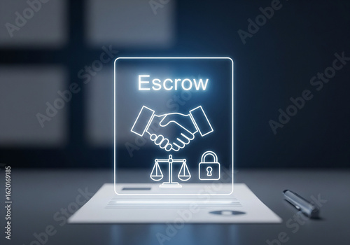 Digital escrow and legal agreement illustration with a handshake icon, scale of justice, and lock for secure business transactions and financial contracts.
